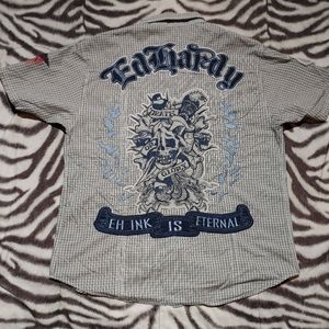 Ed Hardy embroidered button up plaid shirt size XL men's gray